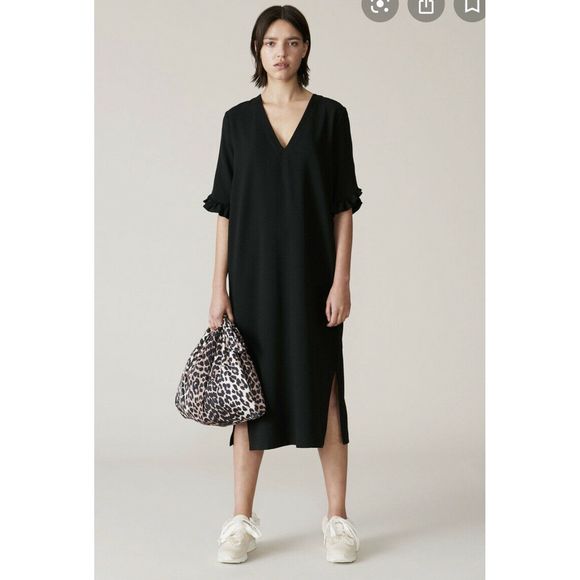 Ganni Dresses & Skirts - Ganni Black Midi Dress Crepe Side Slits 34 US XS